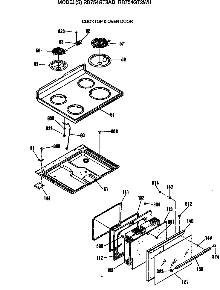 Hotpoint RB754GT2WH cooktop & oven door diagram