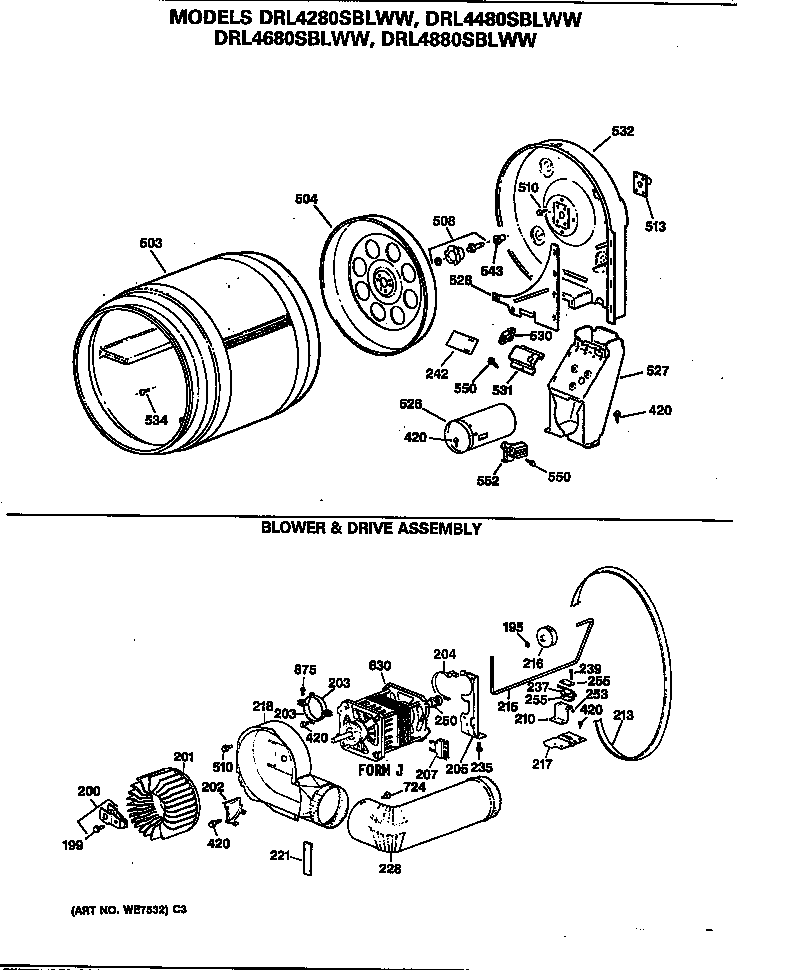 GE DRL4480SBLWW blower & drive assembly diagram