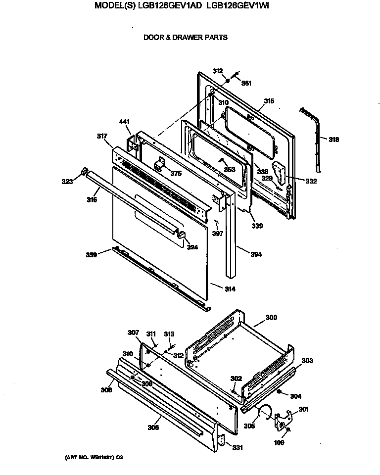 GE LGB126GEV1WH door & drawer parts diagram