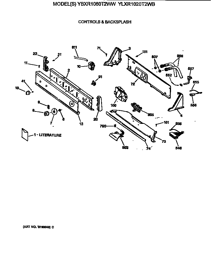 GE YLXR1020T2WB controls & backsplash diagram