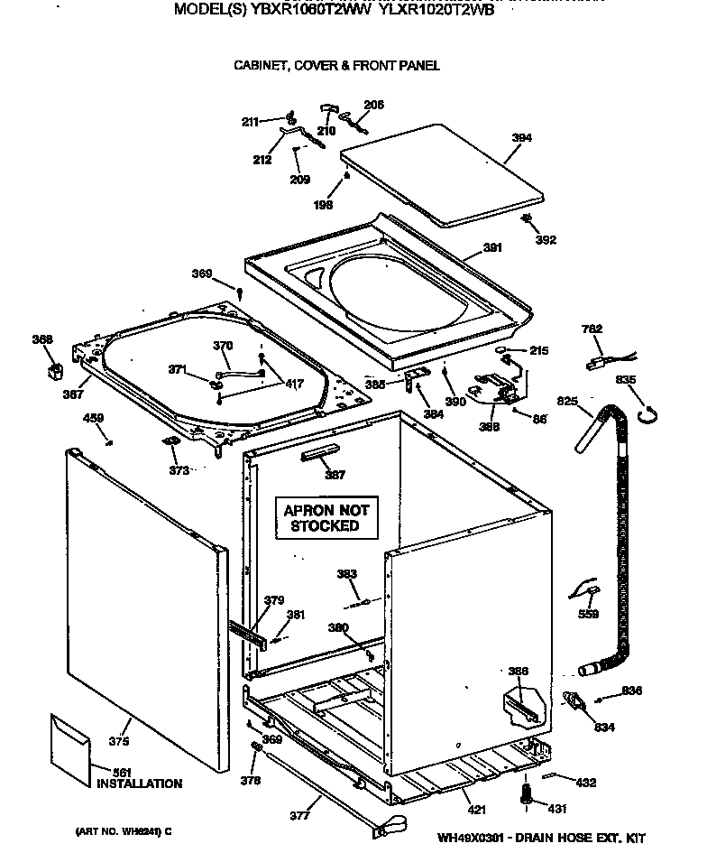 GE YLXR1020T2WB cabinet, cover & front panel diagram