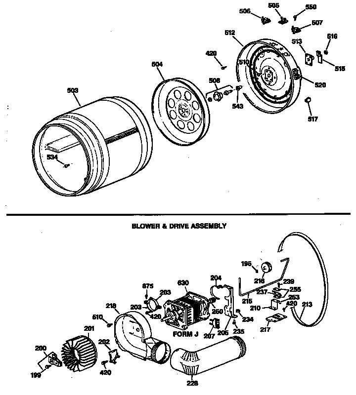 GE DRB4200SBLWW blower & drive assembly diagram