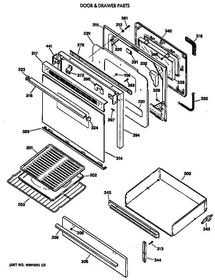 GE LGB356GET2WH door & drawer parts diagram