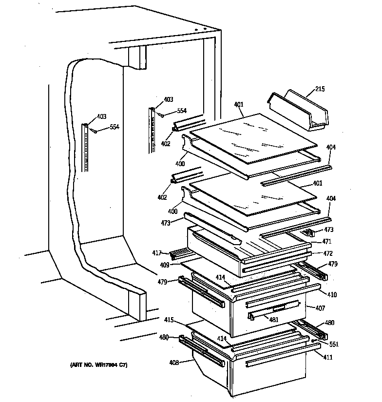 GE MSK27DRZAAA fresh food shelves diagram