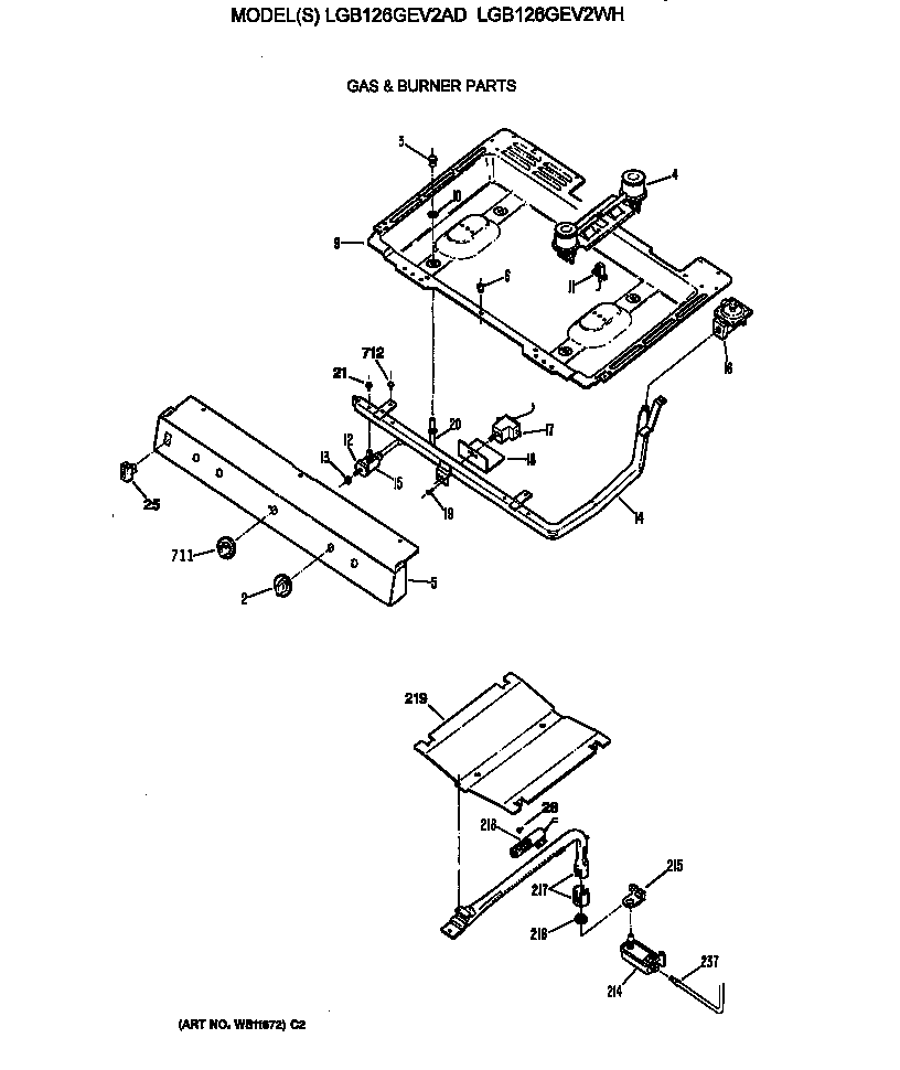 GE LGB126GEV2WH gas & burner parts diagram