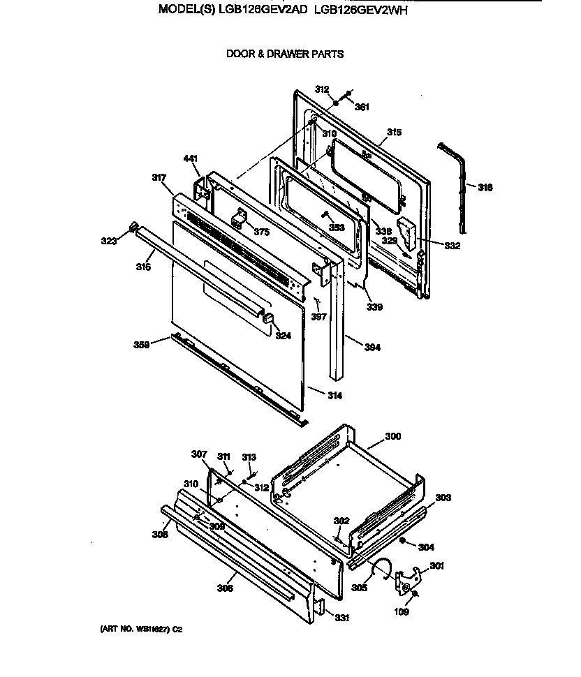 GE LGB126GEV2WH door & drawer parts diagram
