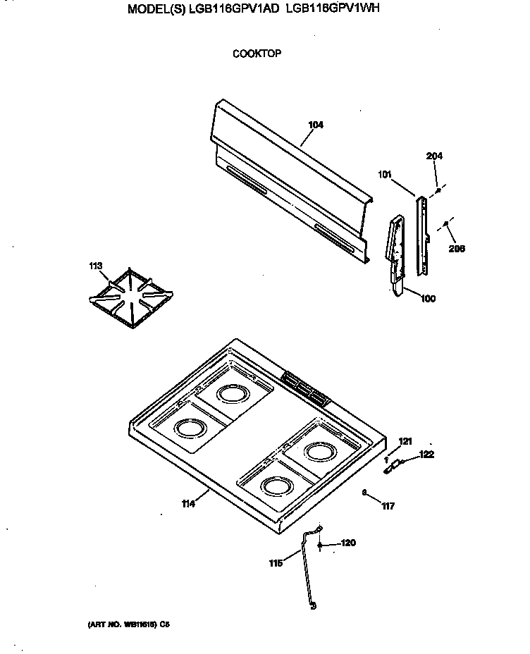 GE LGB116GPV1WH cooktop diagram