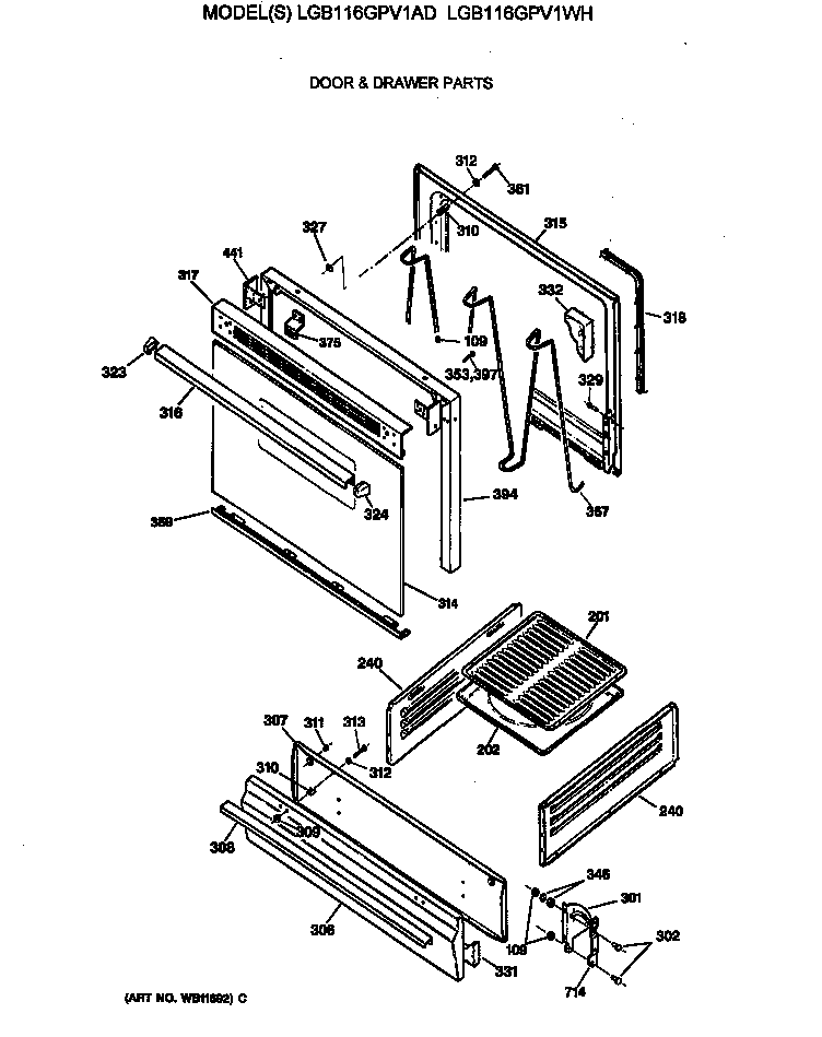 GE LGB116GPV1WH door & drawer parts diagram
