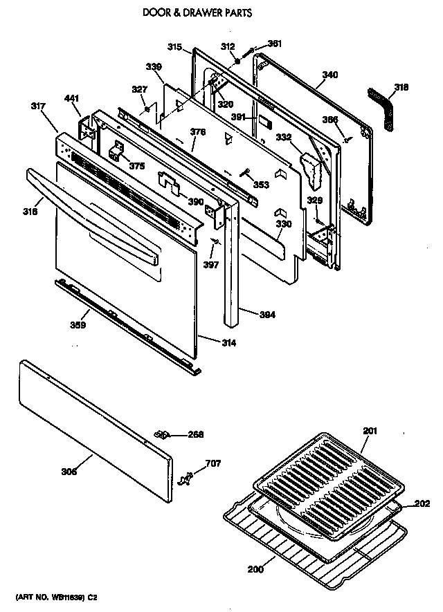 GE LGB336GET2WH door & drawer parts diagram