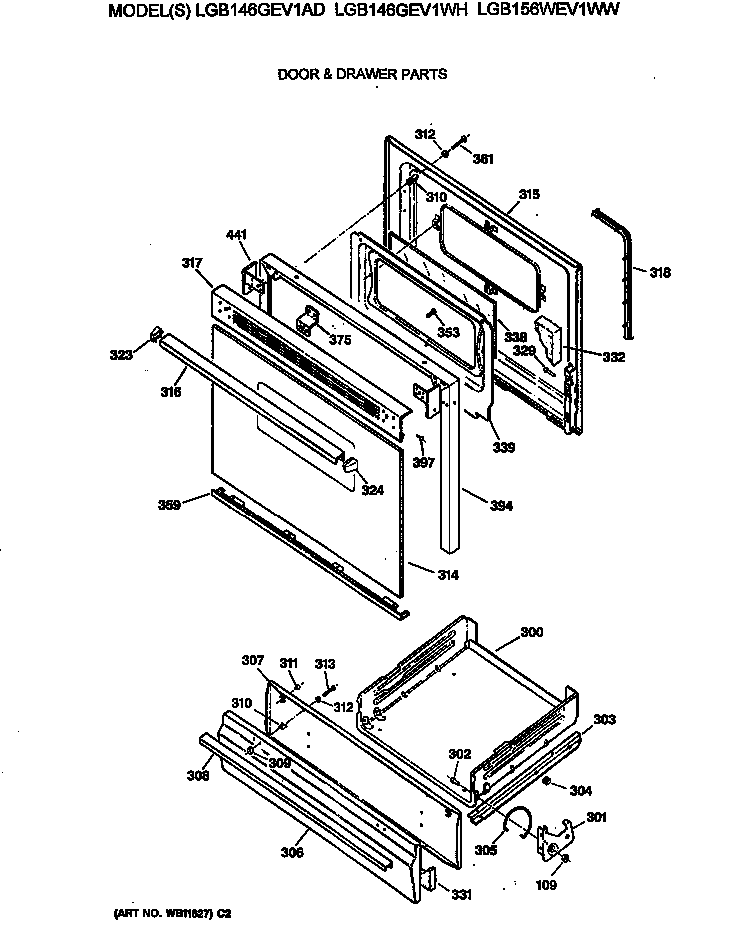 GE LGB156WEV1WW door & drawer parts diagram