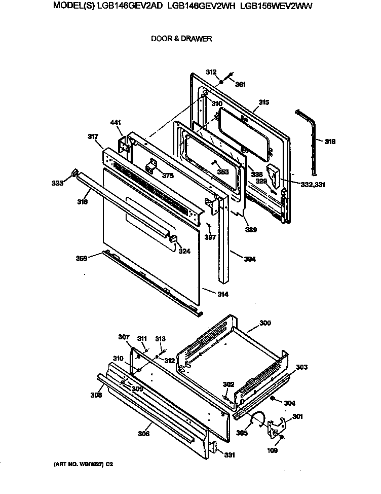 GE LGB156WEV2WW door & drawer diagram