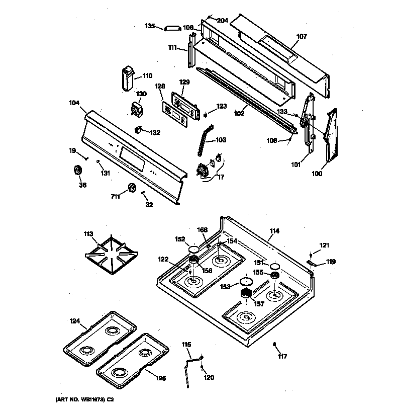 GE LGB356WEW3WW control panel & cooktop diagram
