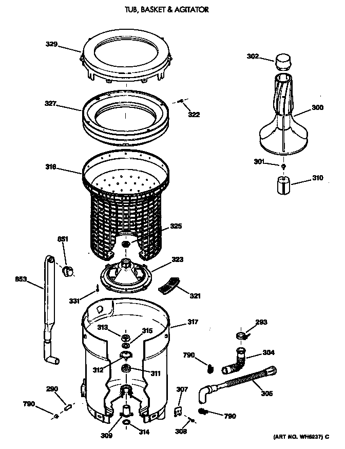 Hotpoint VVXR1040T2AB tub, basket & agitator diagram