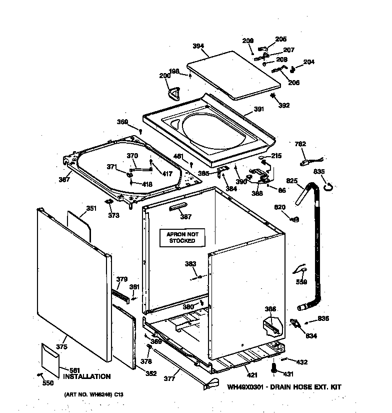 GE WCSR2070TCAA cabinet, cover & front panel diagram
