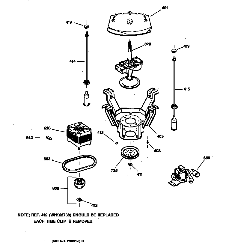 GE WCSR2070TCAA suspension, pump & drive components diagram