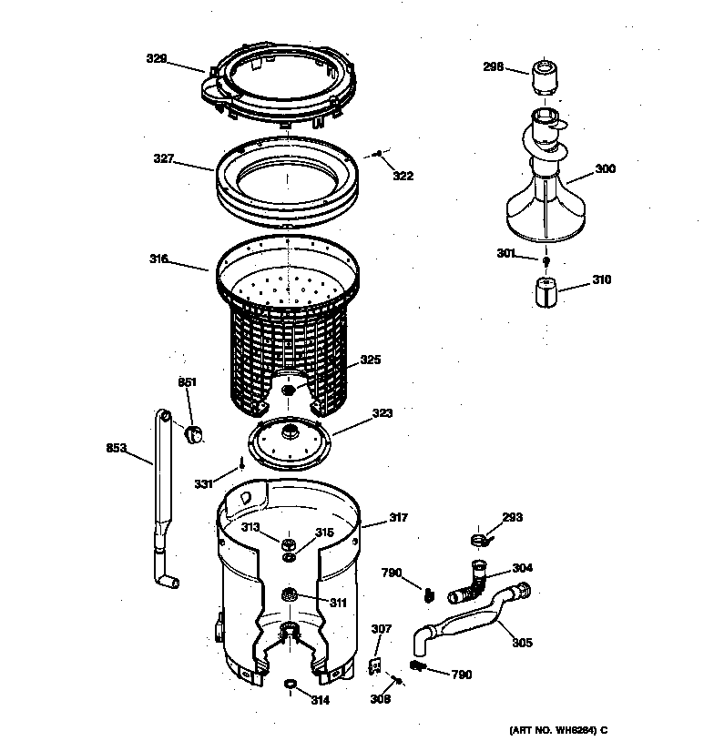GE WPSR4130W1WW tub, basket & agitator diagram