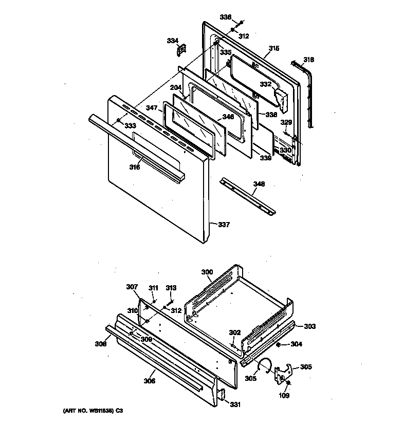 GE LGB128PEB1WW door & drawer parts diagram