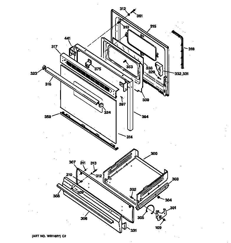 Hotpoint RGB532BEW1AD door & drawer parts diagram