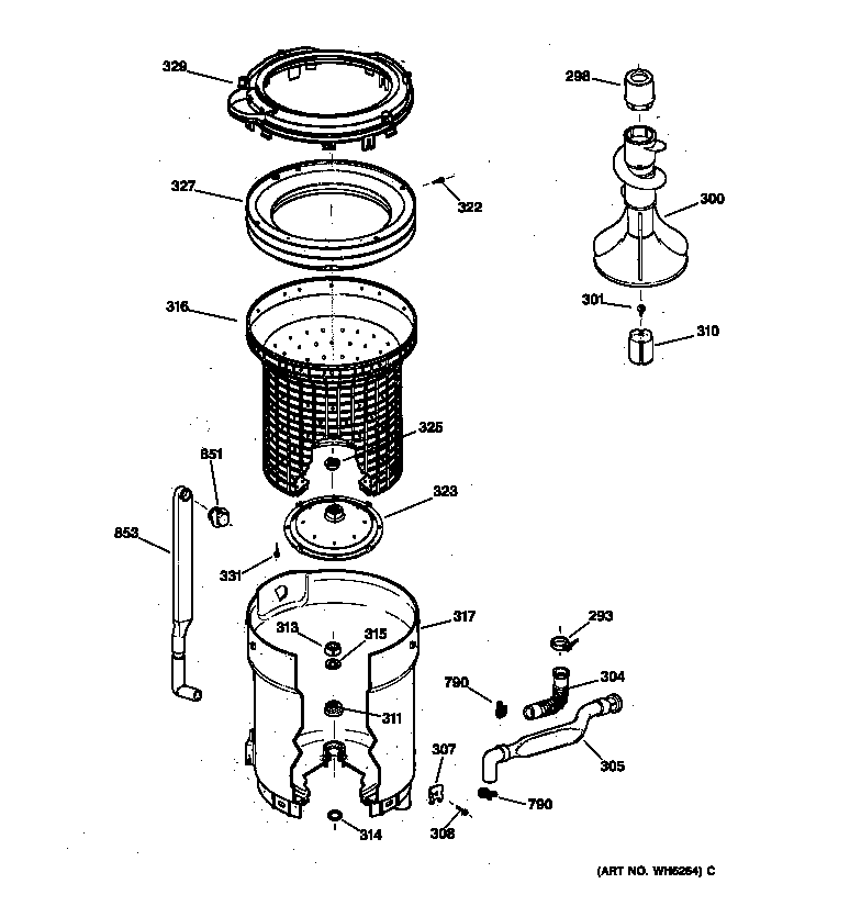 GE WPSR3100W1AA tub, basket & agitator diagram