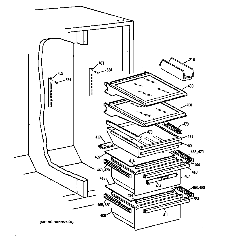 GE TFX25ARBEWW fresh food shelves diagram