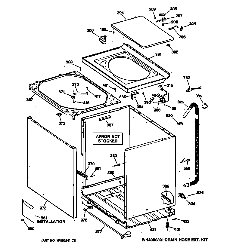GE S2200Y0WW cabinet, cover & front panel diagram