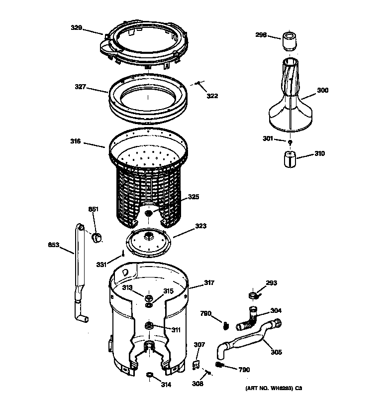 GE S2200Y0WW tub, basket & agitator diagram
