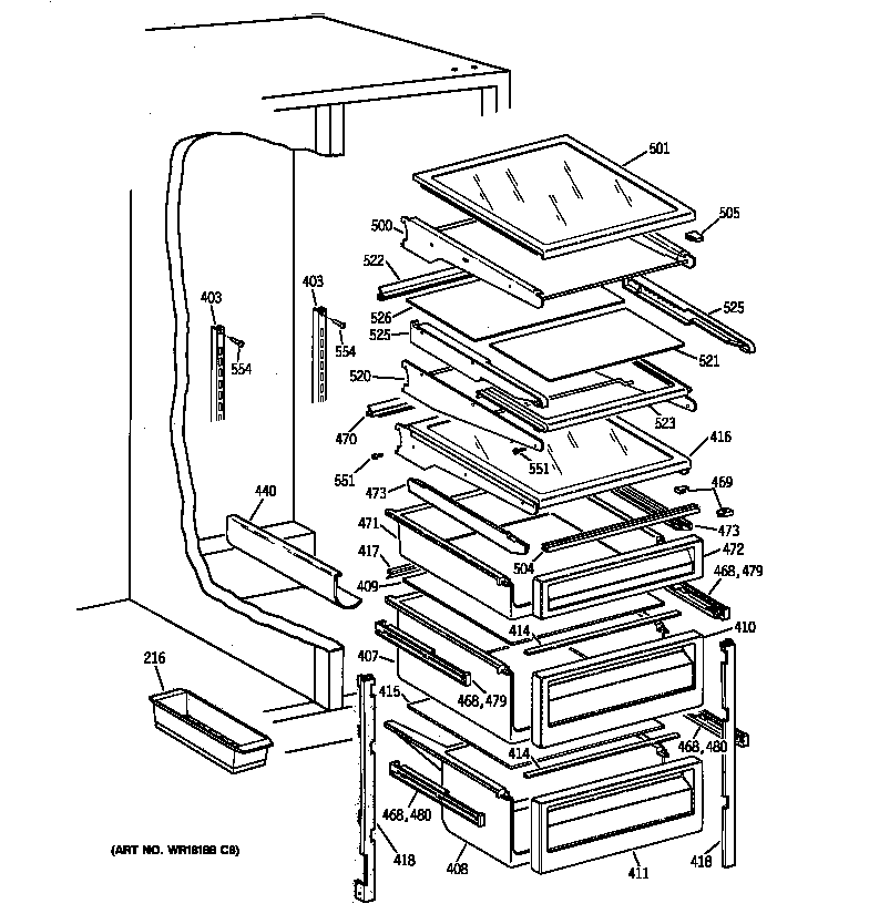 GE TFX25PPBECC fresh food shelves diagram