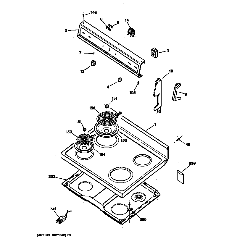 GE JBS02BB1 control panel & cooktop diagram