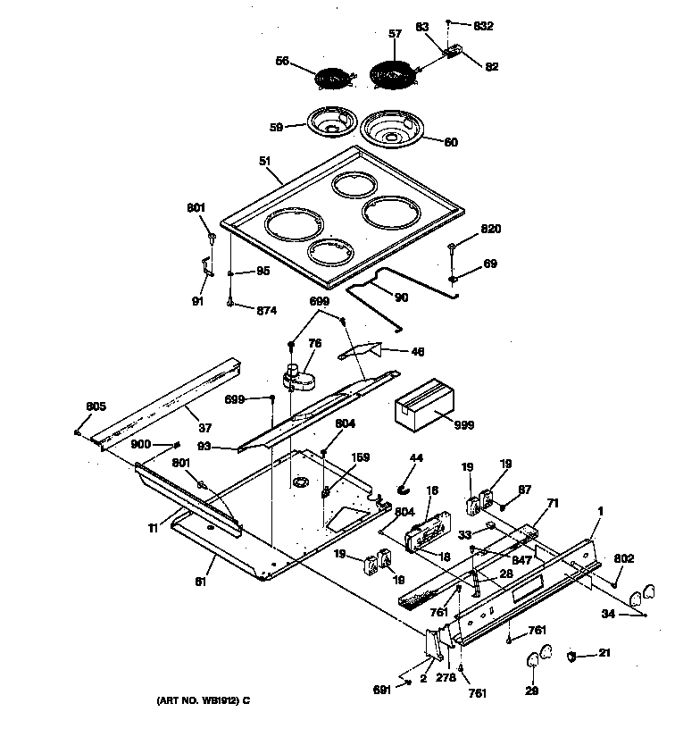 GE JCSP31WV1WW control panel & cooktop diagram