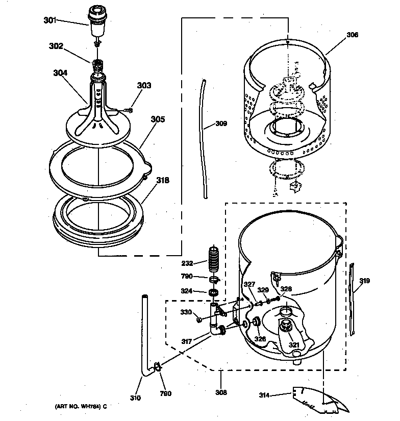 GE WSKS2060T2WB agitator, basket & tub parts diagram