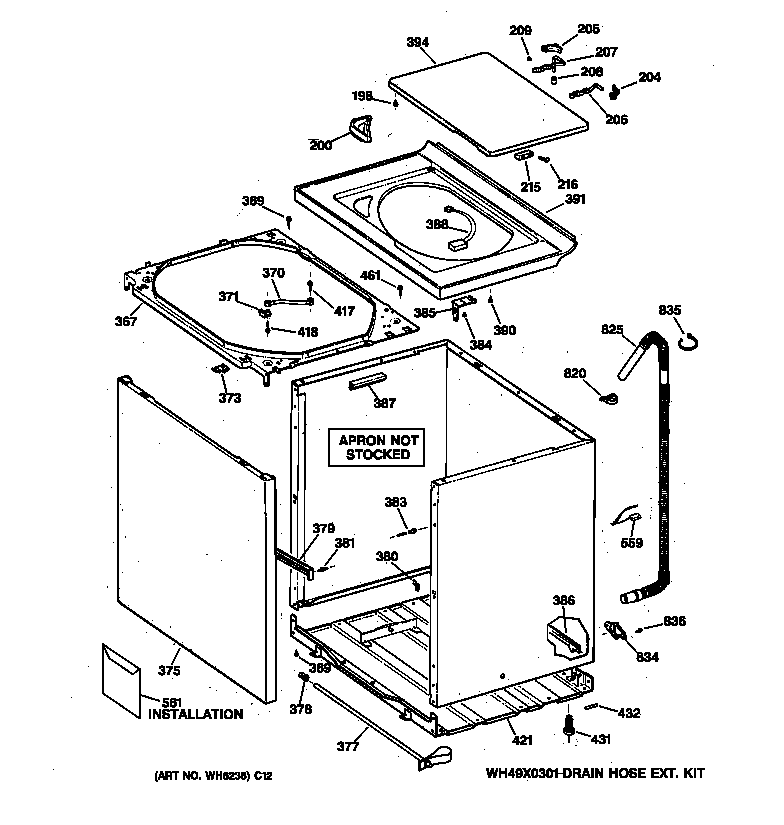 GE WWSE3160A0AA cabinet, cover & front panel diagram