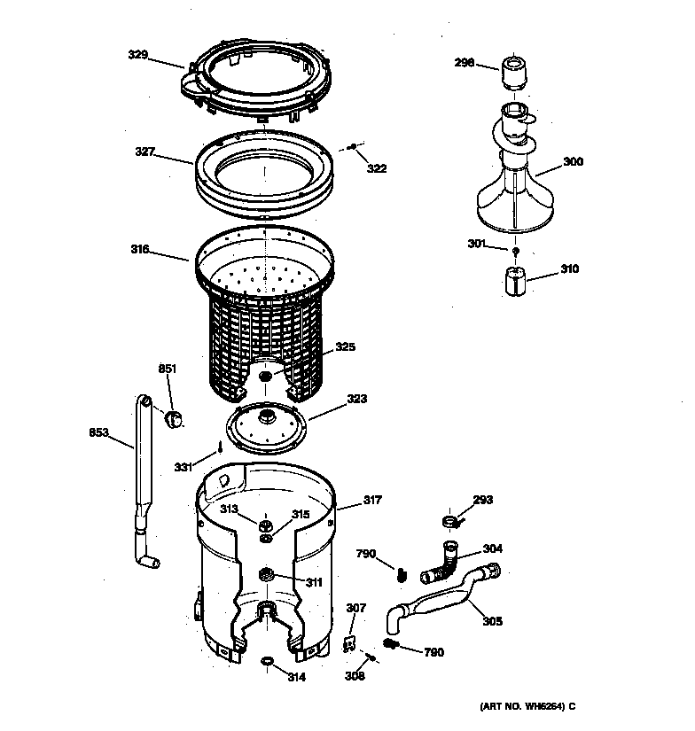 GE WWSE3160A0AA tub, basket & agitator diagram