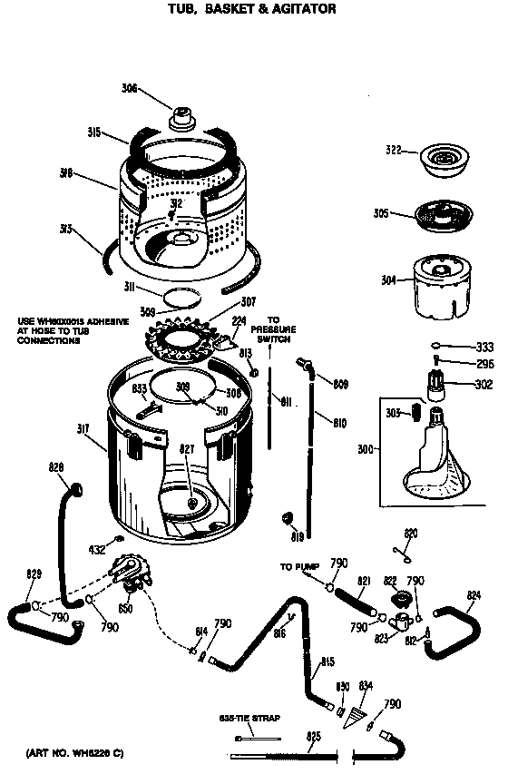 GE WWA8866RBL tub, basket & agitator diagram