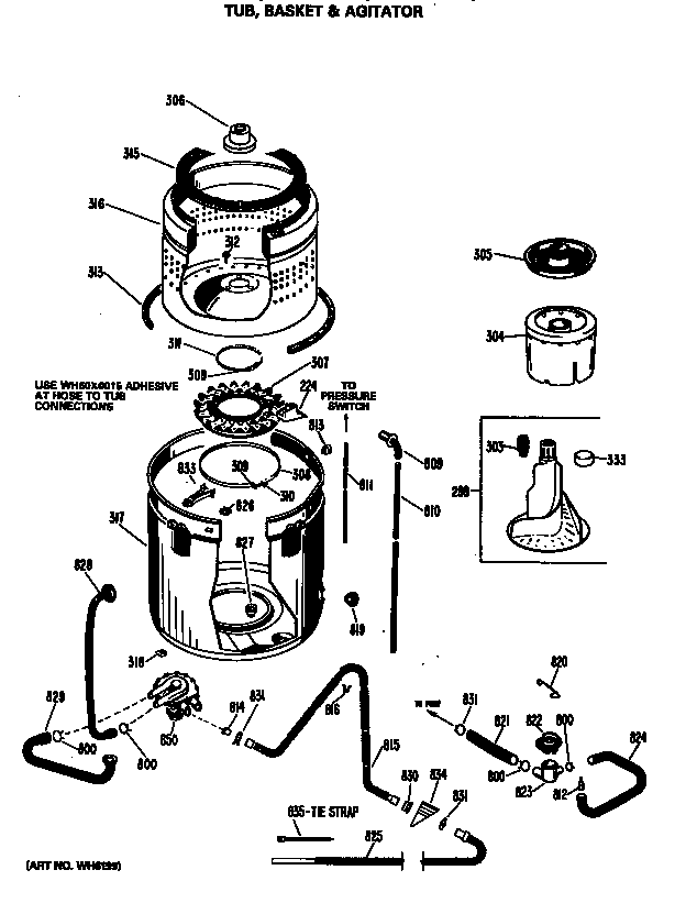 GE WWA8806MAL tub, basket & agitator diagram