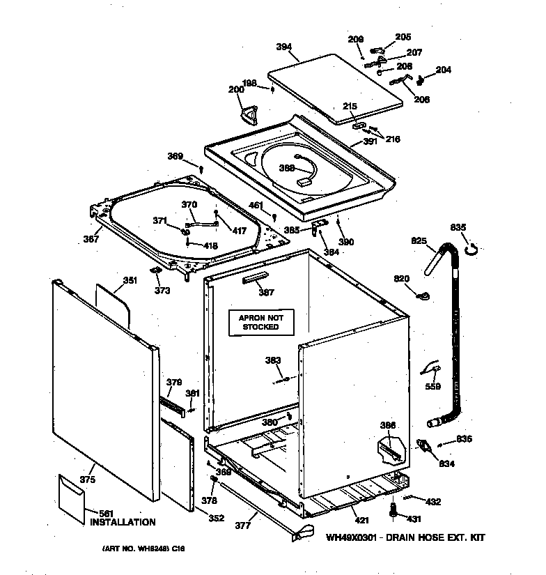 GE WCSR4110TCAA cabinet, cover & front panel diagram