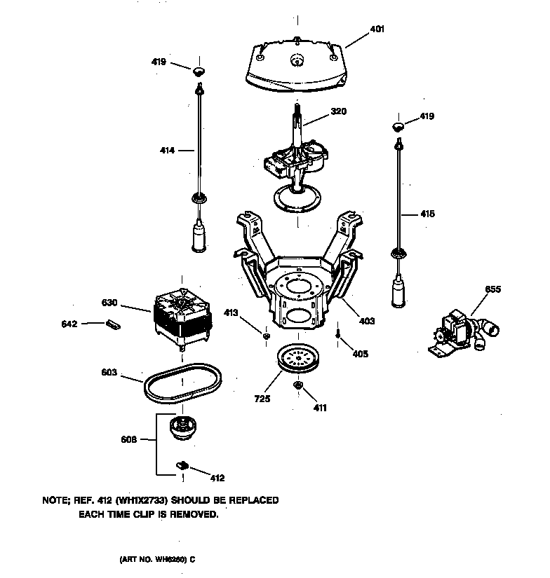 GE WCSR4110TCAA suspension, pump & drive components diagram