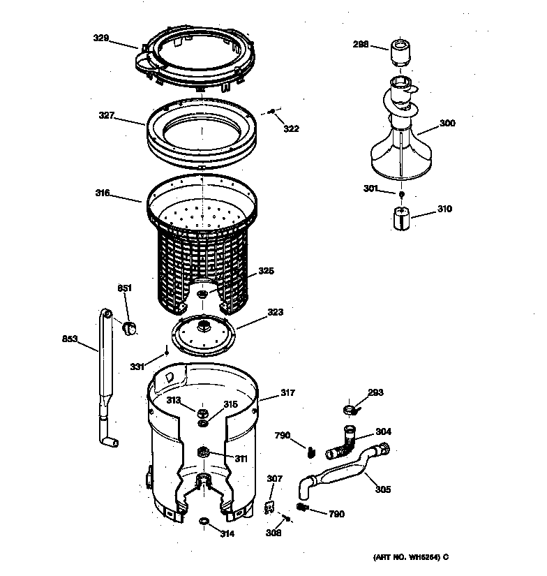 GE WCSR2070TDWW tub, basket & agitator diagram
