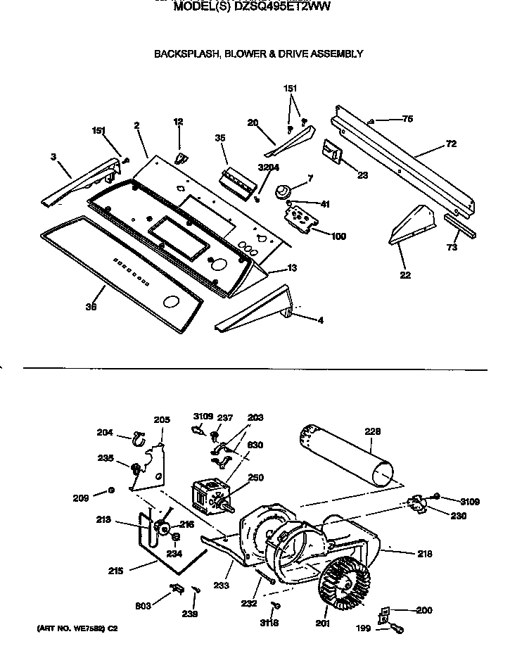 GE DZSQ495ET2WW backsplash, blower & drive assembly diagram