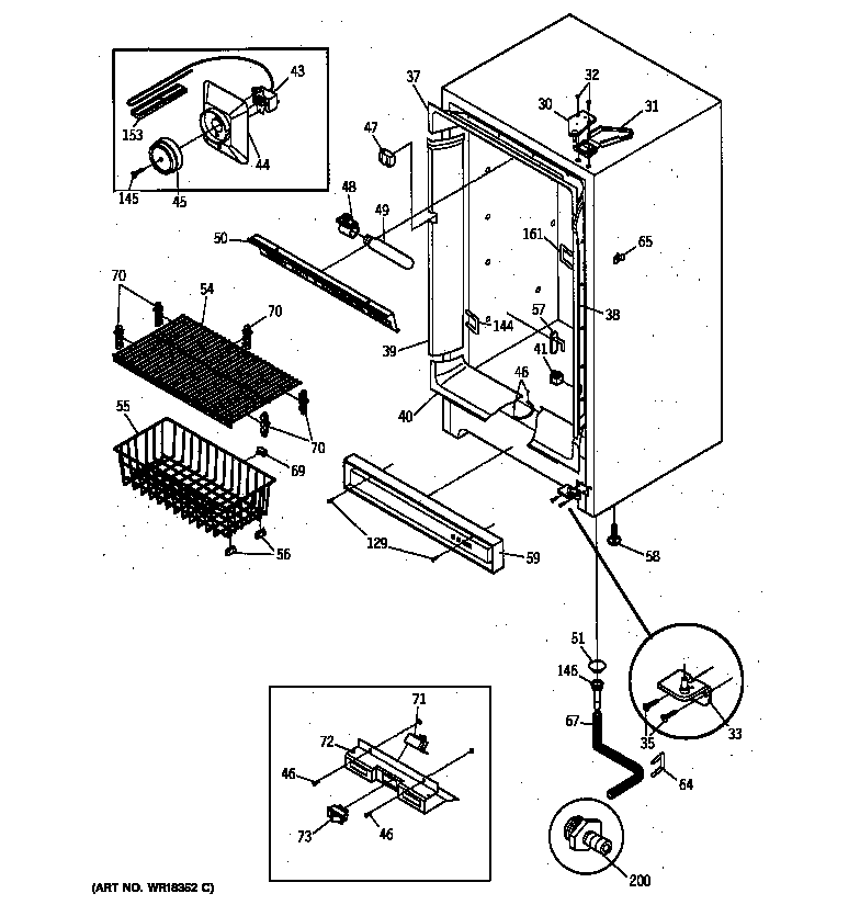 GE FP21DXARWH cabinet, controls & shelves diagram