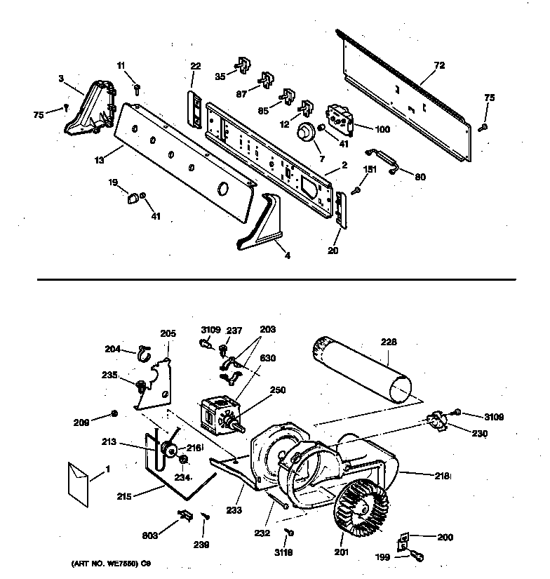 GE DJSR473ET2AA backsplash, blower & drive assembly diagram
