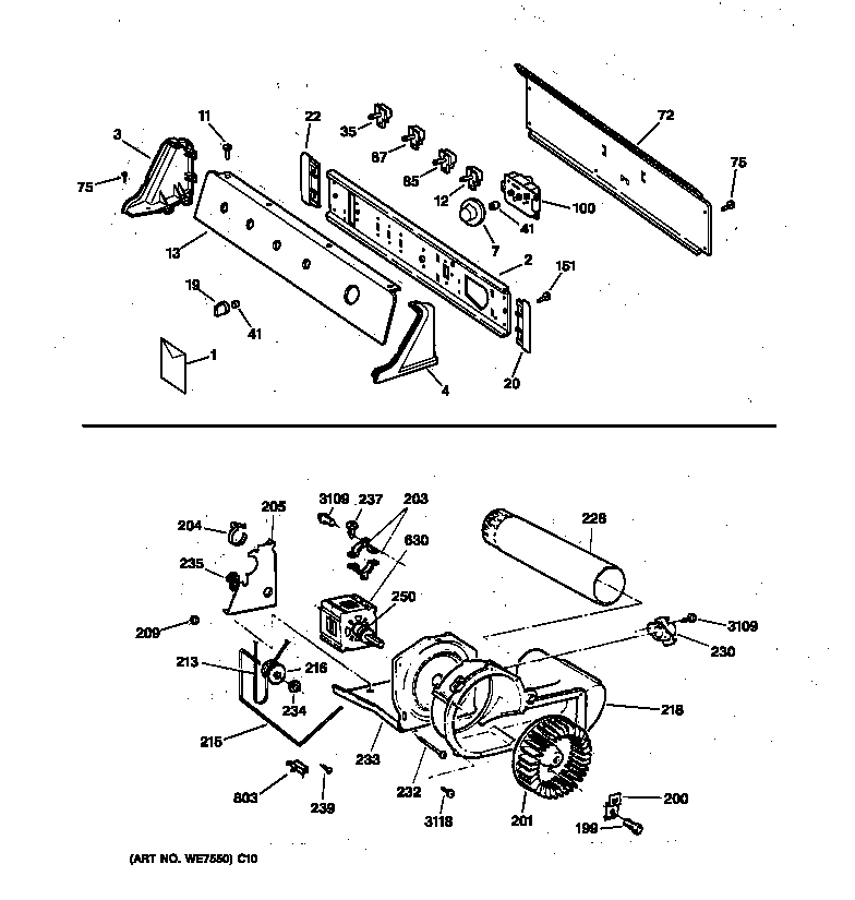 GE DWXR473GT2WW backsplash, blower & drive assembly diagram
