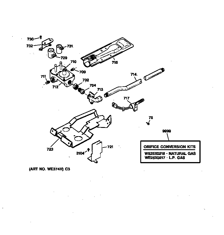 GE DWXR473GT2WW gas valve & burner assembly diagram
