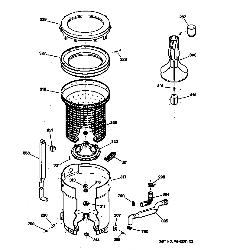 GE VBSR1070T5WB tub, basket & agitator diagram