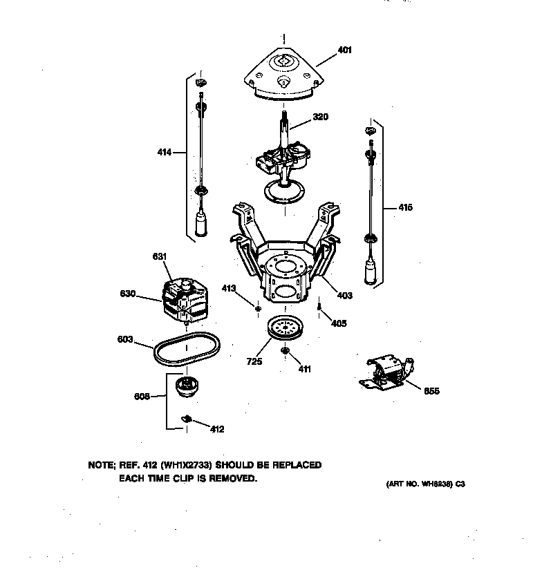 GE VBSR1070T5WB suspension, pump & drive components diagram