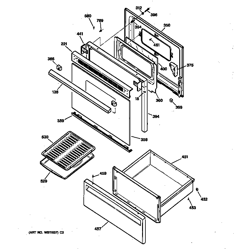 GE RB536GW1 door & drawer parts diagram