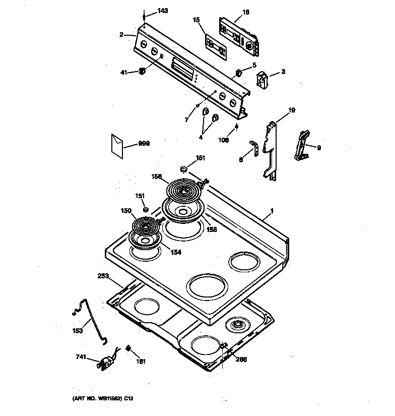 GE JBP48AY1 cooktop & control panel diagram