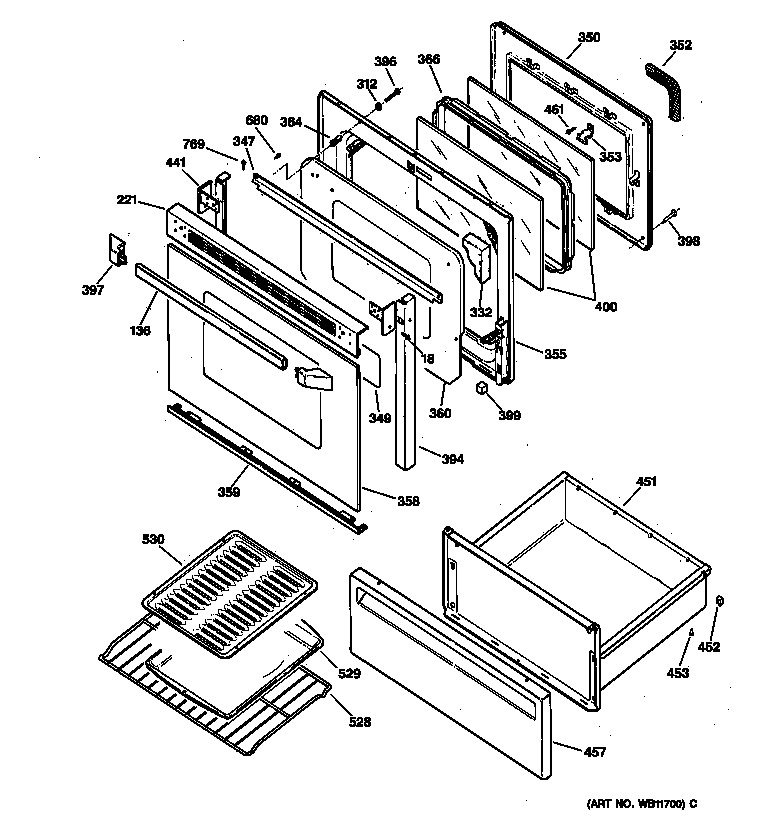 GE JBP48AY1 door & drawer parts diagram