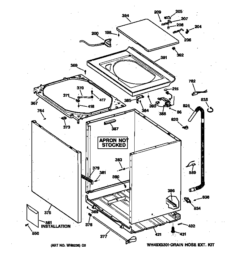 GE WDSR4110T6AA cabinet, cover & front panel diagram