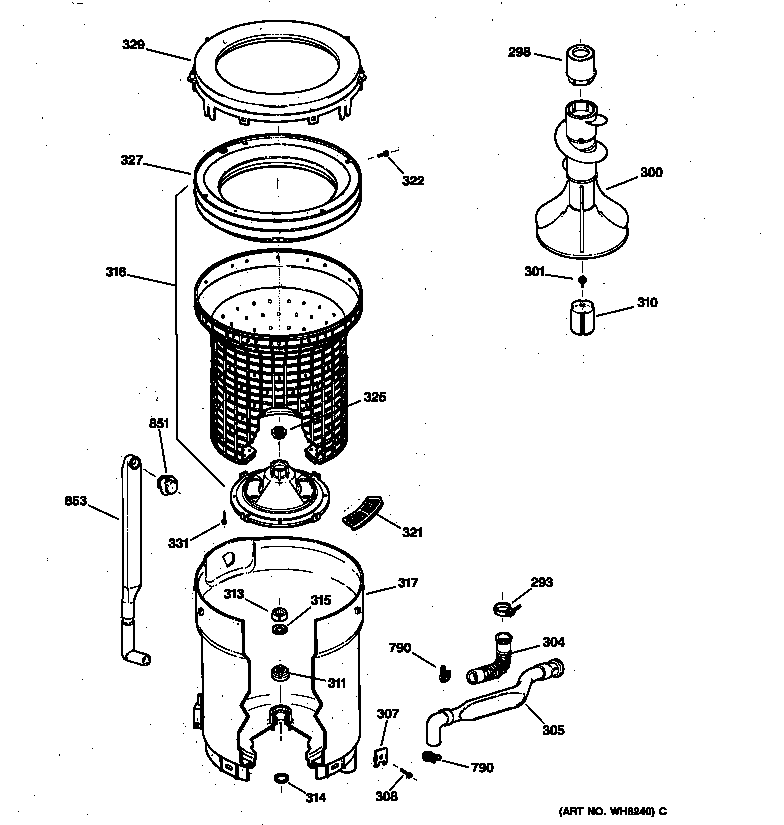 GE WDSR4110T6AA tub, basket & agitator diagram