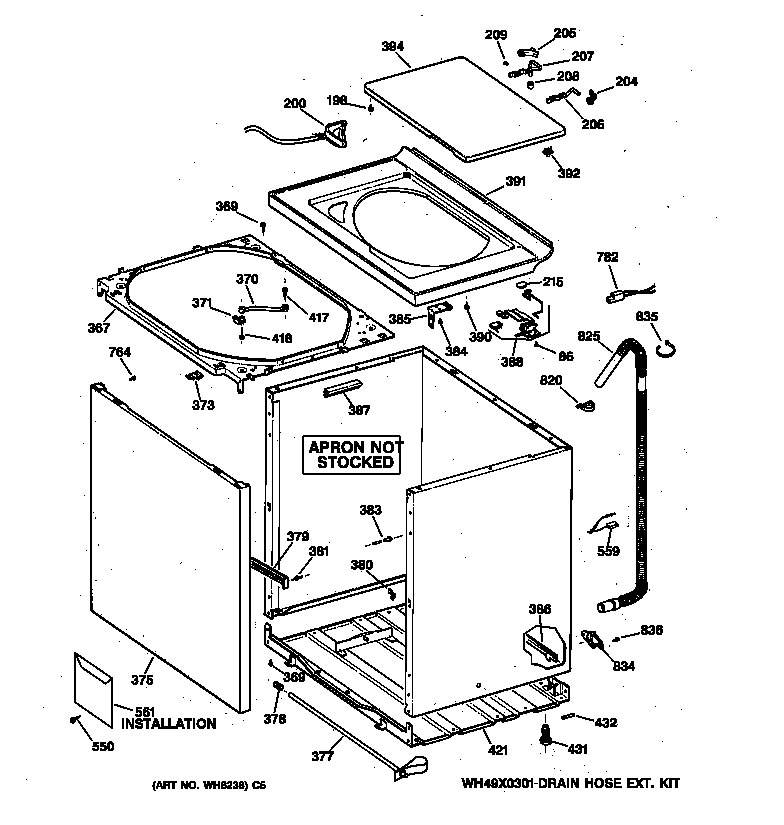 GE WMSR2100T6WW cabinet, cover & front panel diagram